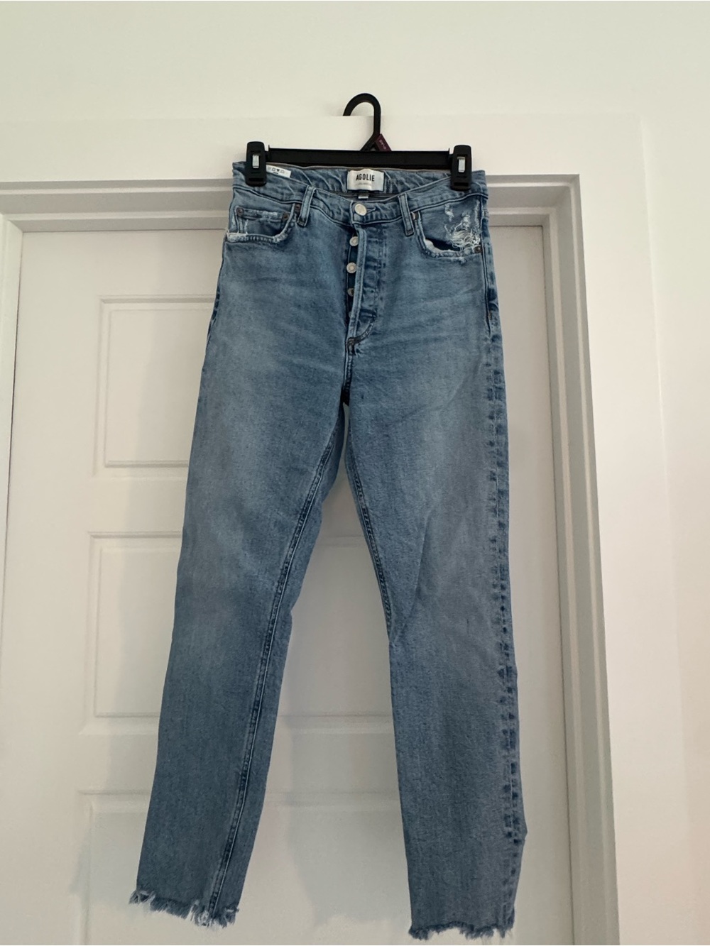 AGOLDE High Rise Distressed Straight Leg Jeans Size 25 Light Wash Raw Hem